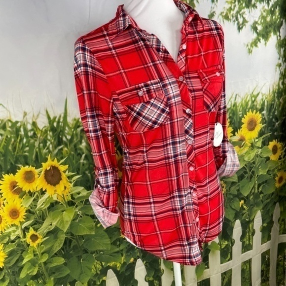 MILK & HONEY Red Plaid Button Down Top Small - Picture 6 of 14